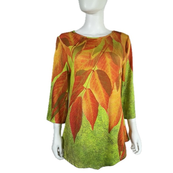 Lily by Firmiana Bright Leaf Pattern 3/4 Sleeve Tunic Top - Picture 1 of 7